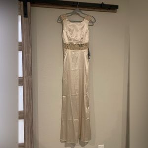 NWT Champagne Satin Embroidered Mermaid Maxi Dress